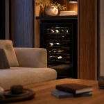 Cave a vin dans salon : cave posable vitrée intégrée, bouteilles visibles