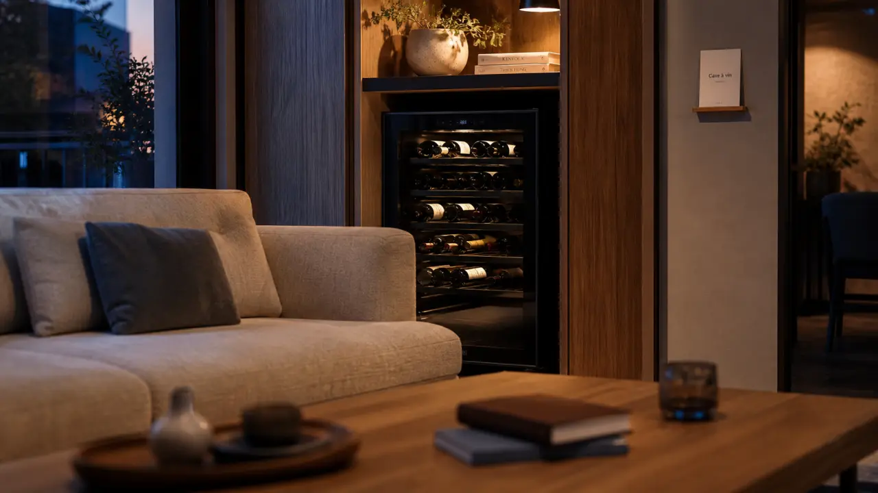 Cave a vin dans salon : cave posable vitrée intégrée, bouteilles visibles