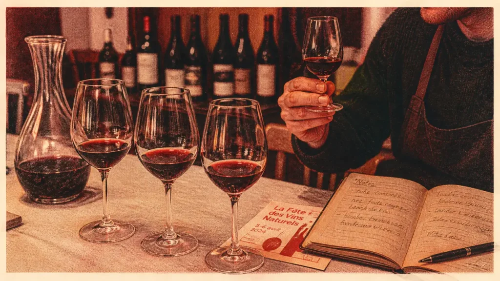 Club oenologique : verres et dégustation de vin sur une table