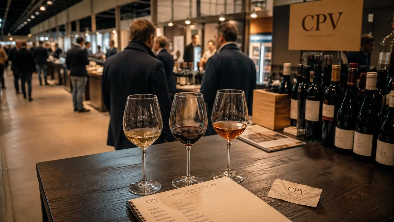 Club des professionnels du vin : carte pro CPV et verres de dégustation dans un hall B2B