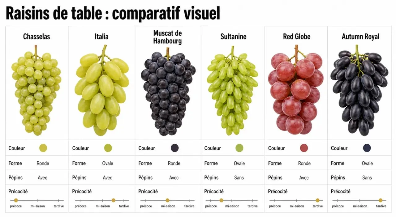 Variété de raisin comparée visuellement selon la couleur, les pépins et la forme des grains