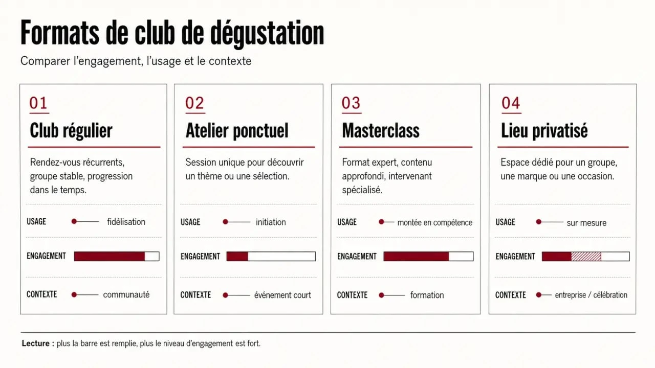 Club de degustation : comparaison visuelle entre club régulier, atelier, masterclass et lieu privatisé