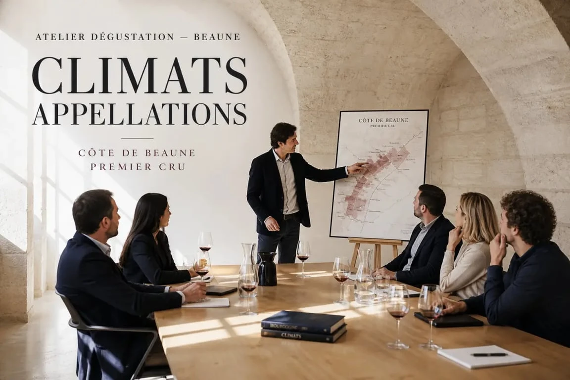 Beaune oenologie : atelier de dégustation de vins de Bourgogne dans une cave à Beaune
