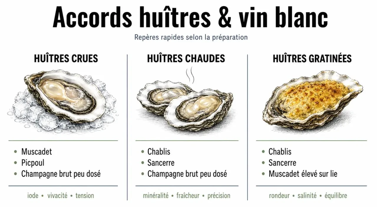 Huitres vin blanc : tableau comparatif des meilleurs accords selon le type d’huître et la préparation