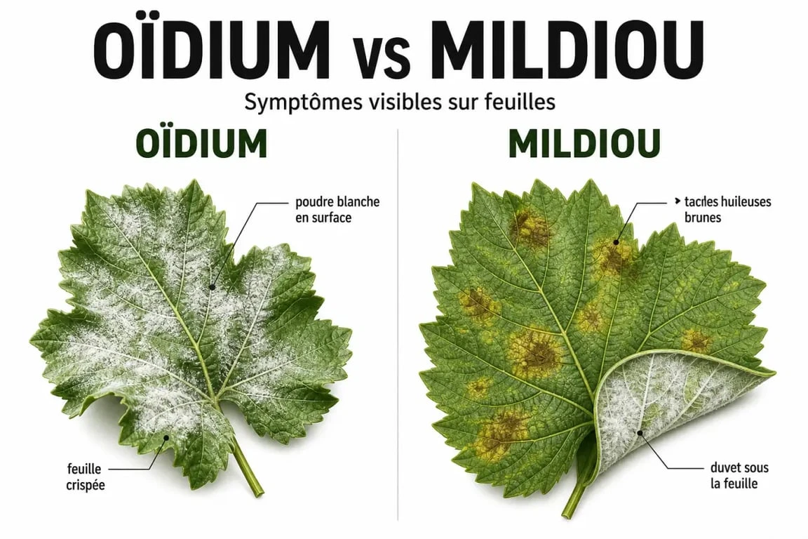 Oïdium traitement curatif : comparaison visuelle entre oïdium et mildiou sur feuilles de plante
