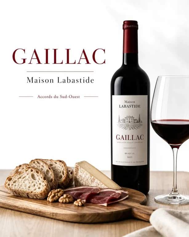 Maison Labastide vin gaillac en scène de dégustation avec bouteille et accords mets-vins