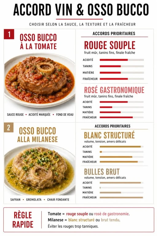 Infographie vin osso bucco : rouge, blanc, rosé ou bulles selon la recette