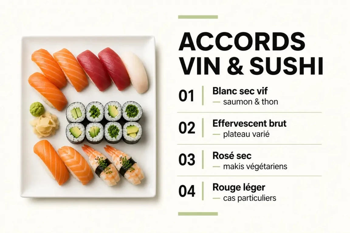 Quel vin avec les sushis : tableau visuel des accords entre sushis variés et vins blancs secs, bulles et rosés