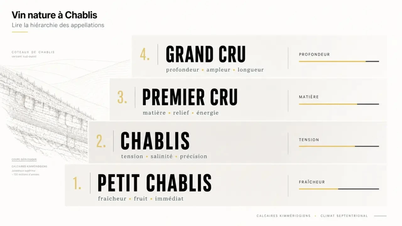 Vin nature chablis : hiérarchie des appellations Petit Chablis, Chablis, Premier Cru et Grand Cru