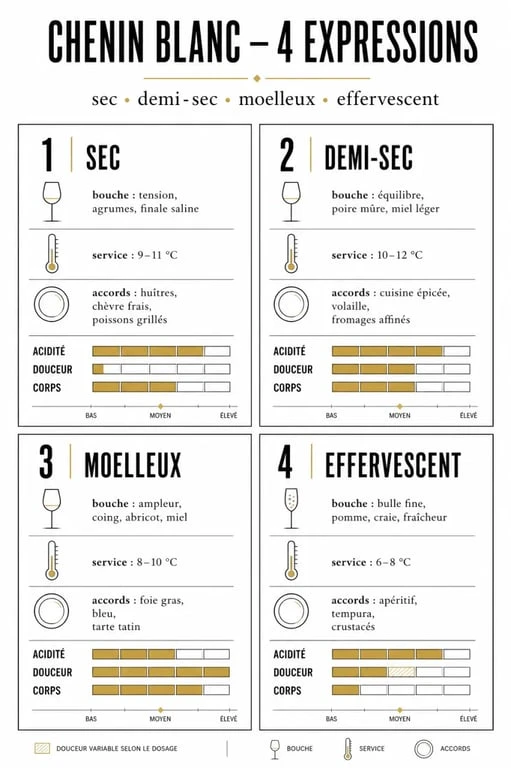 Chenin blanc vin : comparaison visuelle des styles sec, demi-sec, moelleux et effervescent