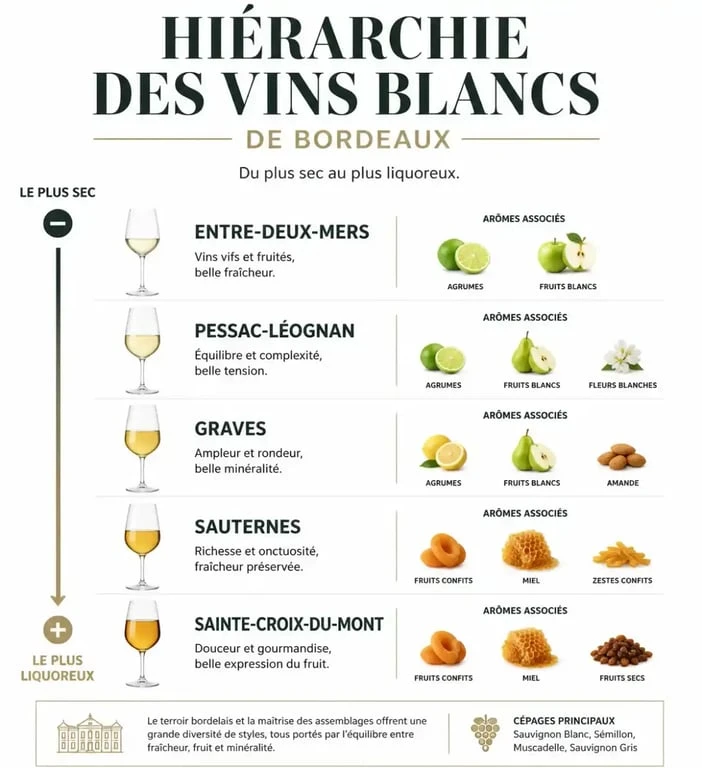 Infographie des styles de vin blanc du bordelais : sec, moelleux et liquoreux