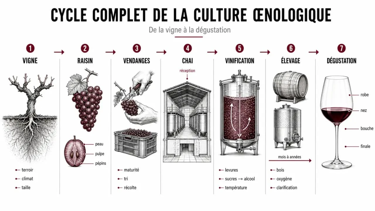 Culture oenologique : schéma du cycle vigne, raisin, vin, dégustation