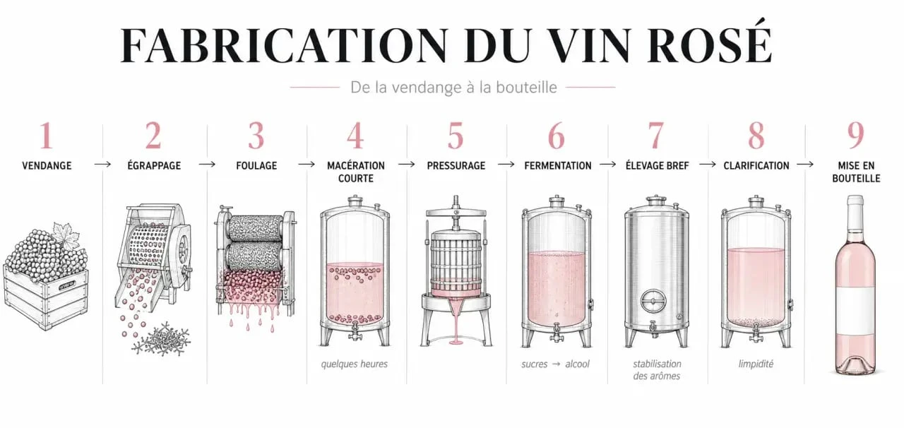 Schéma de vin rosé fabrication montrant les étapes de la vendange à la mise en bouteille
