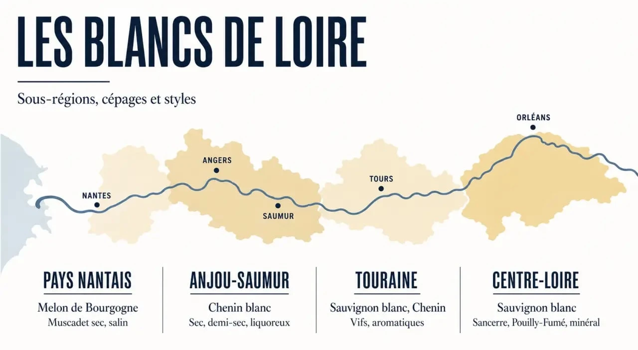 Vin blanc de Loire : carte des grandes sous-régions, cépages et styles