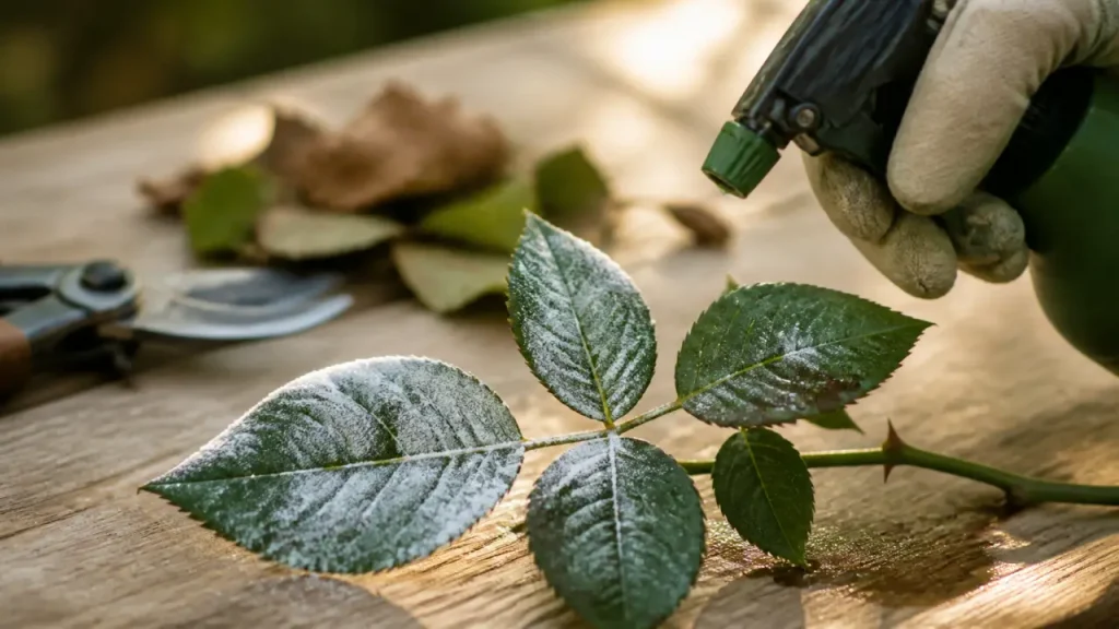 Oidium traitement curatif sur rosier : feuille blanche, pulvérisateur