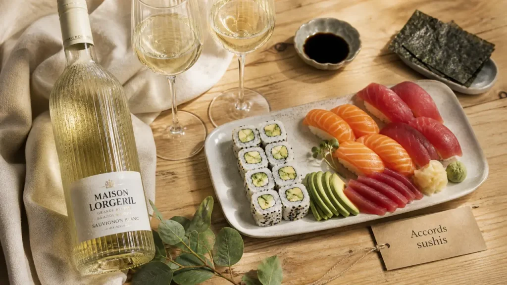 Quel vin avec les sushis : bouteille de vin blanc et sushis, accords vins japonais