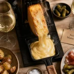 Vin blanc avec la raclette : verre et raclette fumante, accords Savoie-Jura-Alsace
