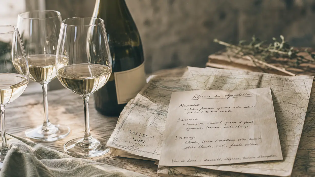 Vin blanc de loire : verres et bouteille, Muscadet Sancerre Vouvray