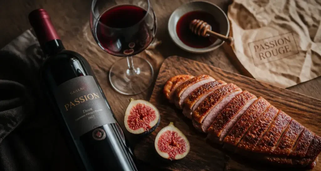 Vin gaillac passion avec figues et magret, 3 macarons Michelin