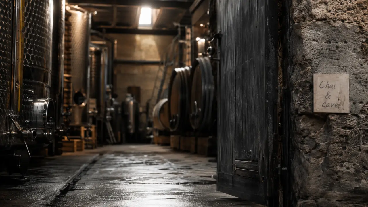 Bordeaux cave à vin : allée de chai, barriques et cuves inox