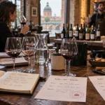 Cours oenologie toulouse en atelier : table de dégustation, verres et fiches