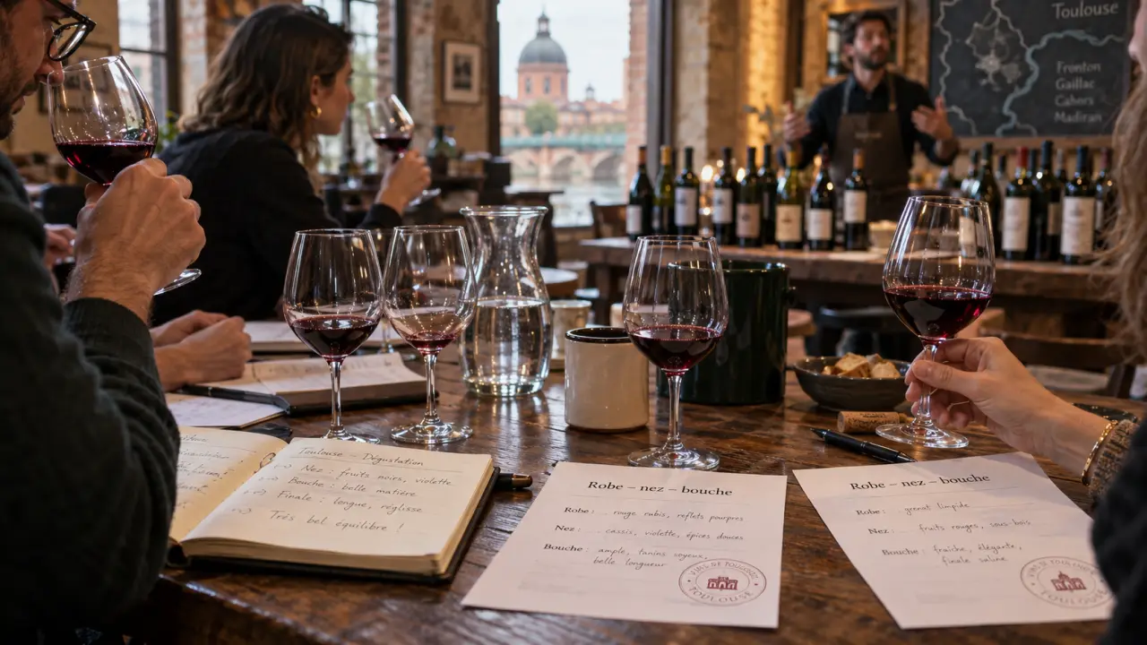 Cours oenologie toulouse en atelier : table de dégustation, verres et fiches