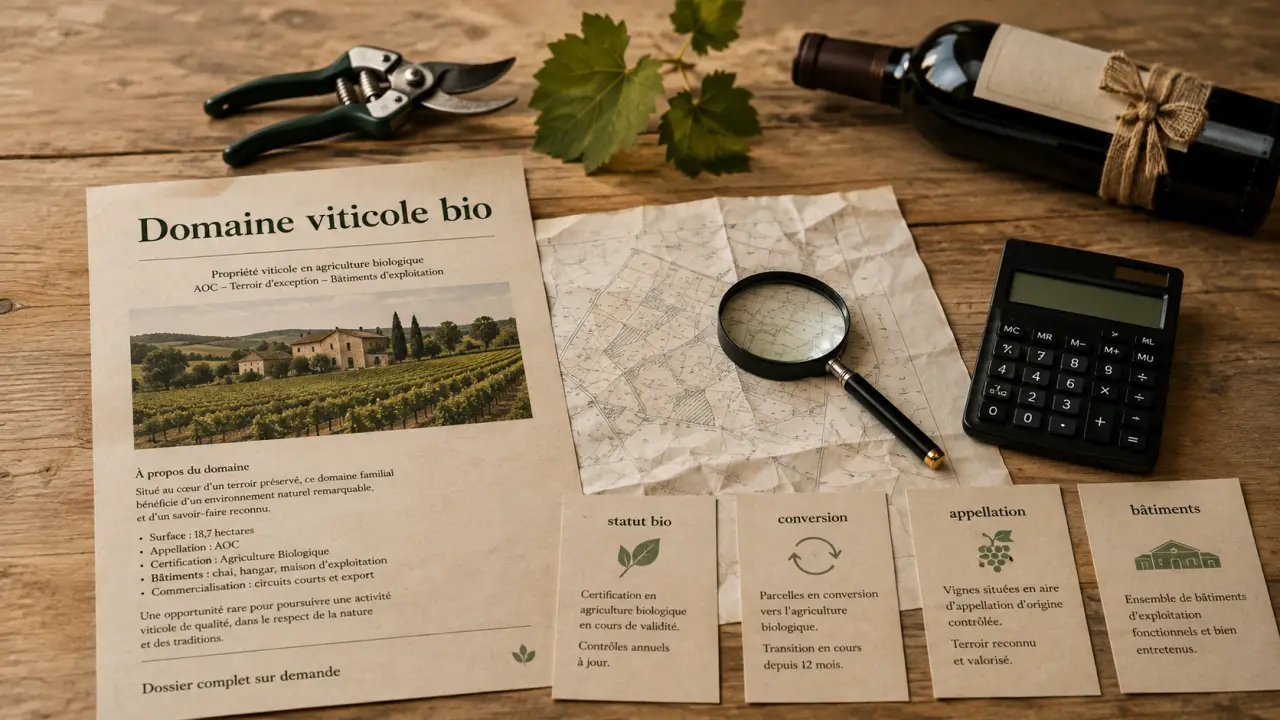 Domaine viticole bio à vendre : conversion et bâtiments, prix