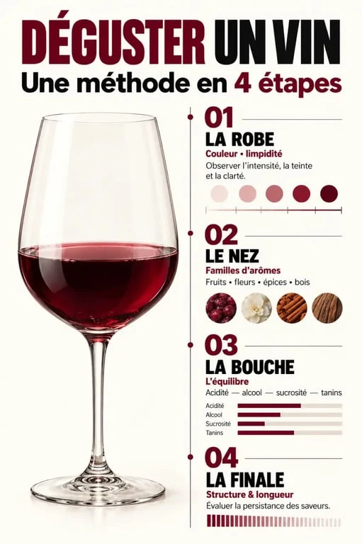 Méthode de dégustation d’un vin pour un cours d’œnologie à Toulouse : robe, nez, bouche et finale