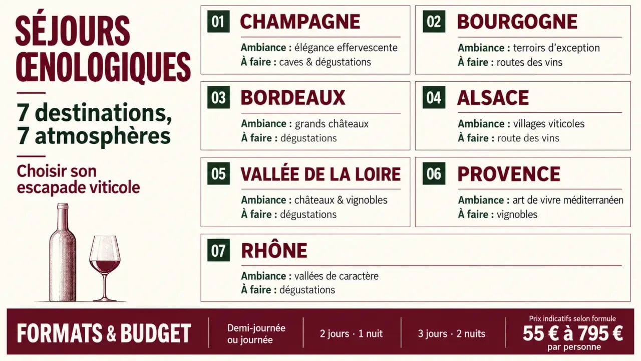Infographie comparative des destinations et formats pour un séjour œnologique