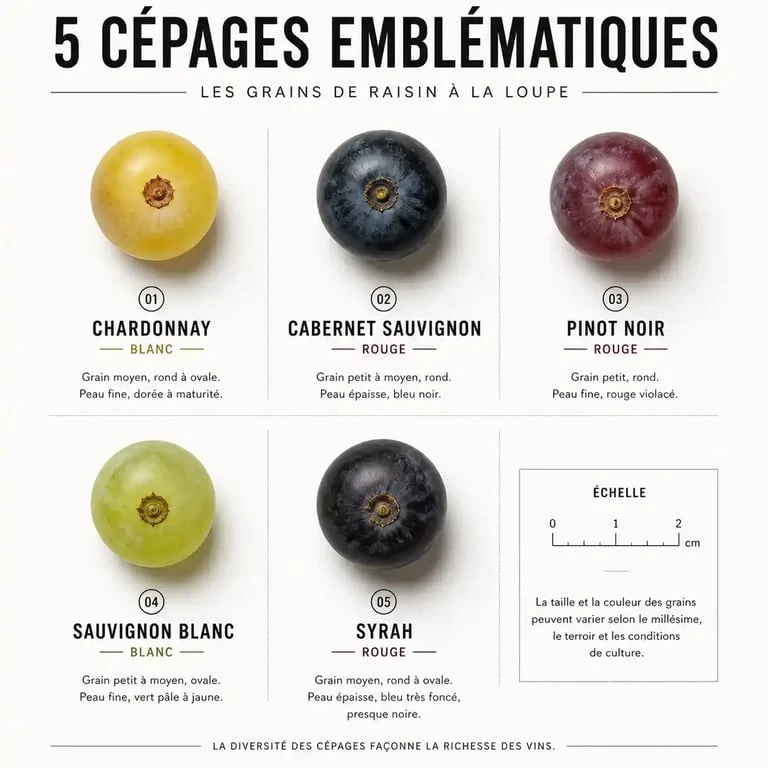 Liste des cépages : comparaison visuelle des principales variétés de raisin blanches et rouges