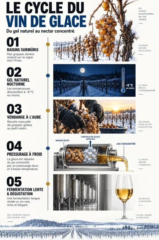 Infographie expliquant la fabrication de l’ice wine à partir de raisins gelés sur la vigne
