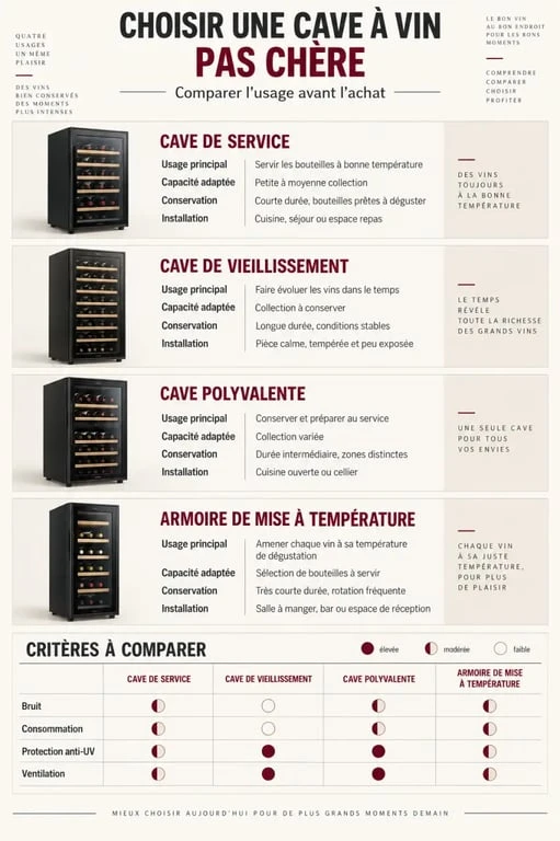 Infographie pour choisir une cave a vin pas cher selon l’usage, la capacité et l’installation
