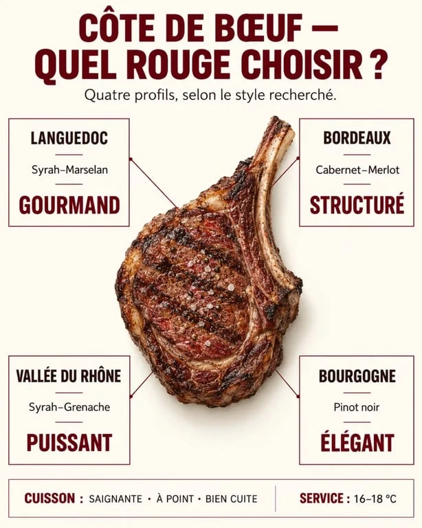 Infographie sur le vin rouge côte de bœuf selon la région, le cépage et la cuisson