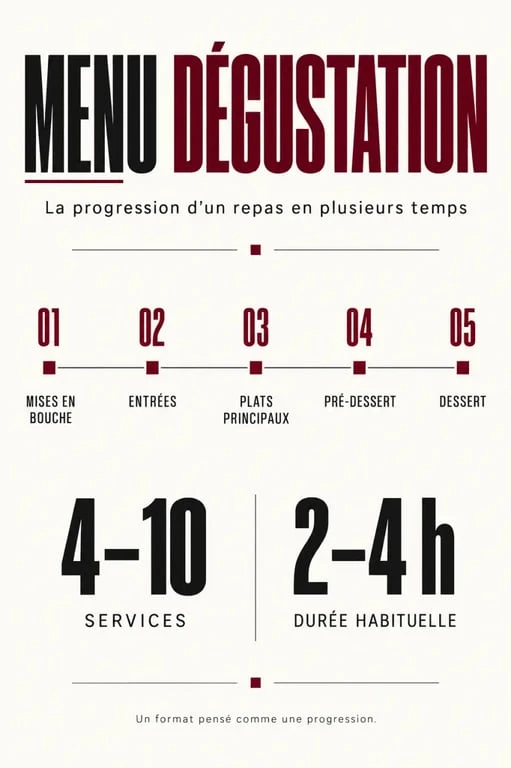 Infographie sur le menu dégustation en plusieurs temps, de la mise en bouche au dessert