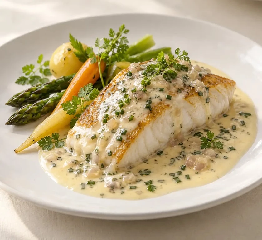 Sauce au vin blanc crémeuse servie avec un filet de poisson