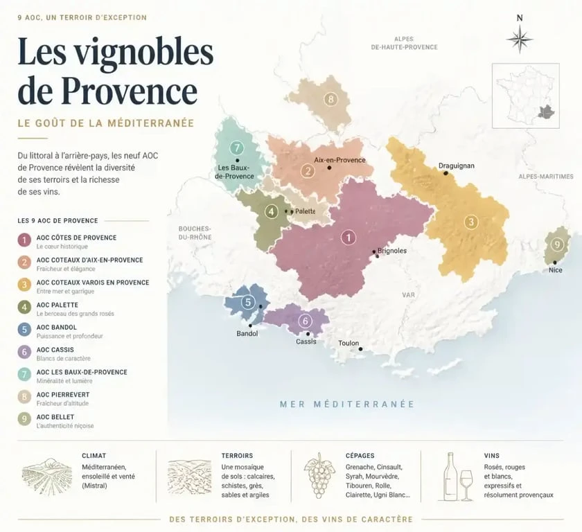 Carte des 9 appellations AOC de Provence