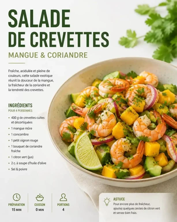 Salade de crevettes à la mangue et coriandre pour accompagner un vin rosé