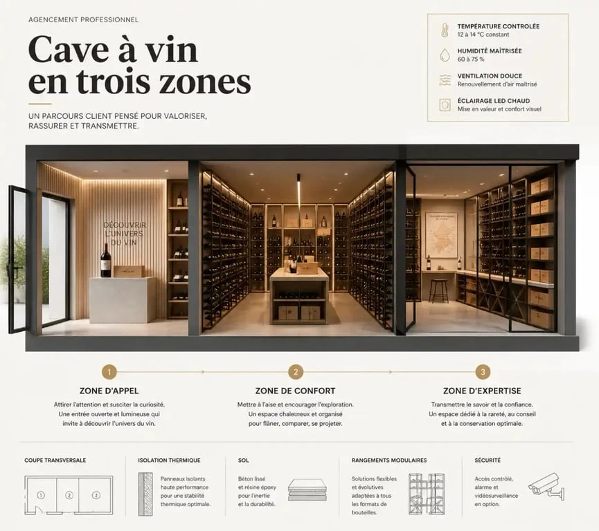 Schéma d'agencement magasin cave à vin optimisé pour le parcours client