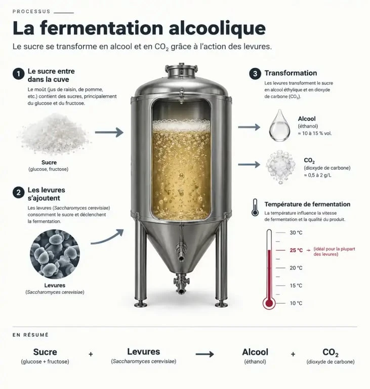 Schéma explicatif du processus de fermentation du vin et transformation du sucre en alcool