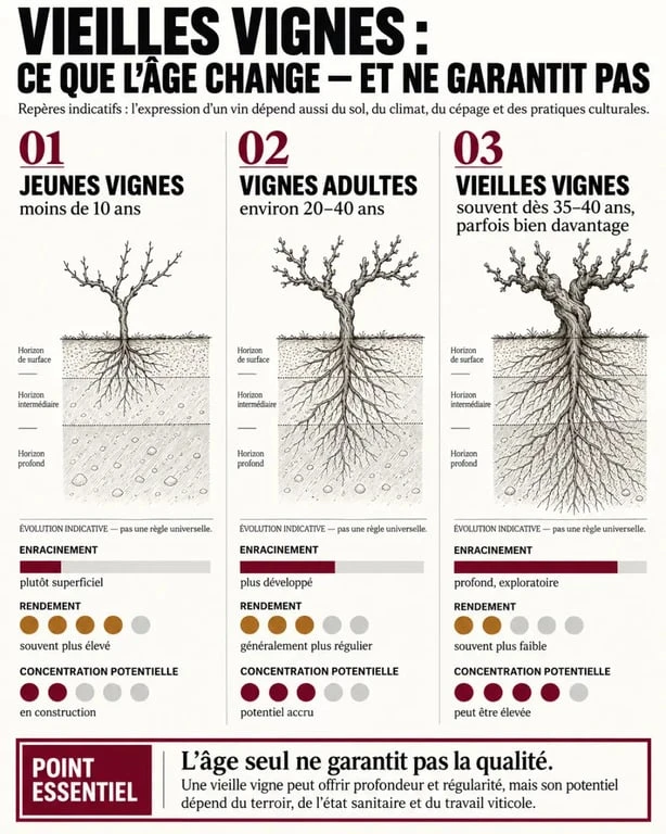 Infographie comparative sur les vieilles vignes, leur âge, leur rendement et leur enracinement