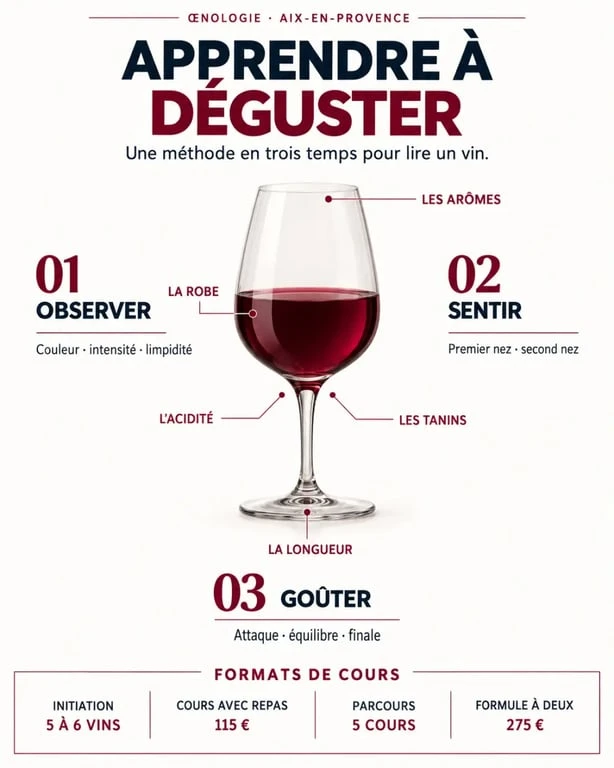 Infographie d’un cours d’œnologie à Aix-en-Provence avec méthode de dégustation et comparaison des formats