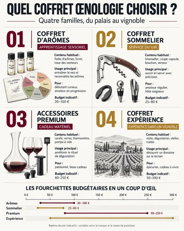 Infographie comparative des types de coffret œnologie selon l’usage, le contenu, le niveau et le budget