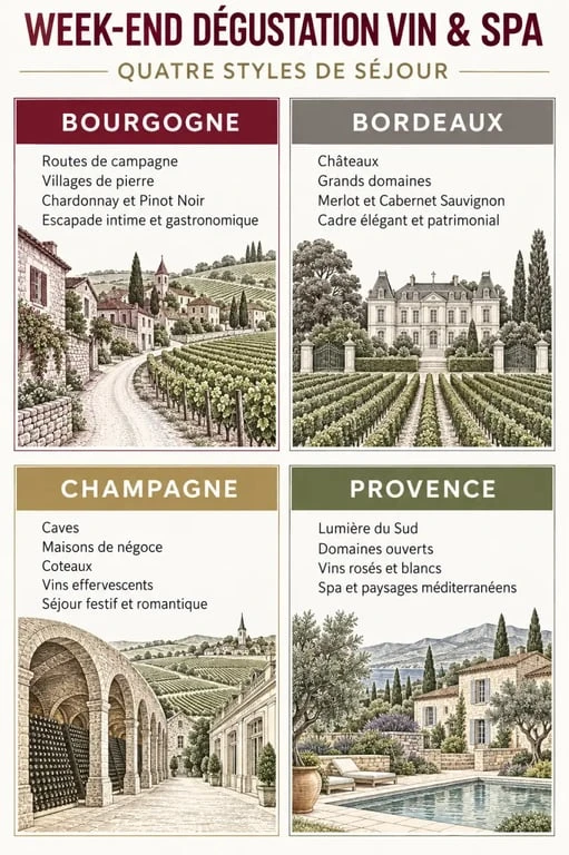 Infographie pour choisir un week-end dégustation vin et spa entre Bourgogne, Bordeaux, Champagne et Provence