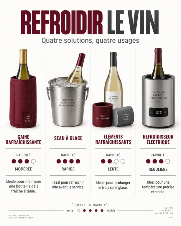 Comparatif des types de refroidisseur bouteille vin : gaine, seau, éléments rafraîchissants et modèle électrique