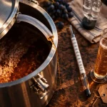 Fermentation vin : moût ambré qui s’écoule, densimètre et barboteur