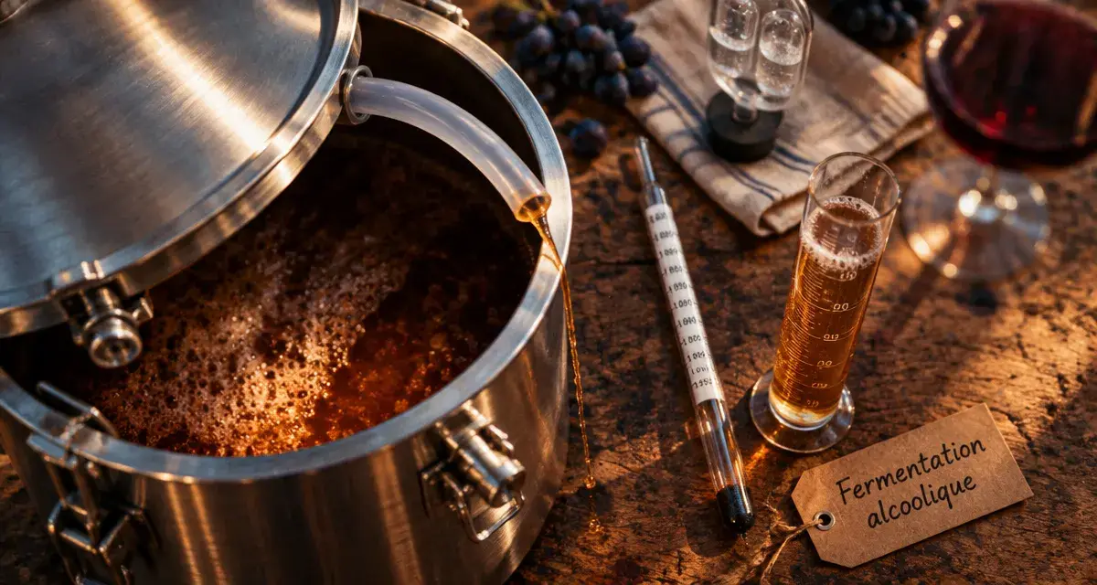 Fermentation vin : moût ambré qui s’écoule, densimètre et barboteur