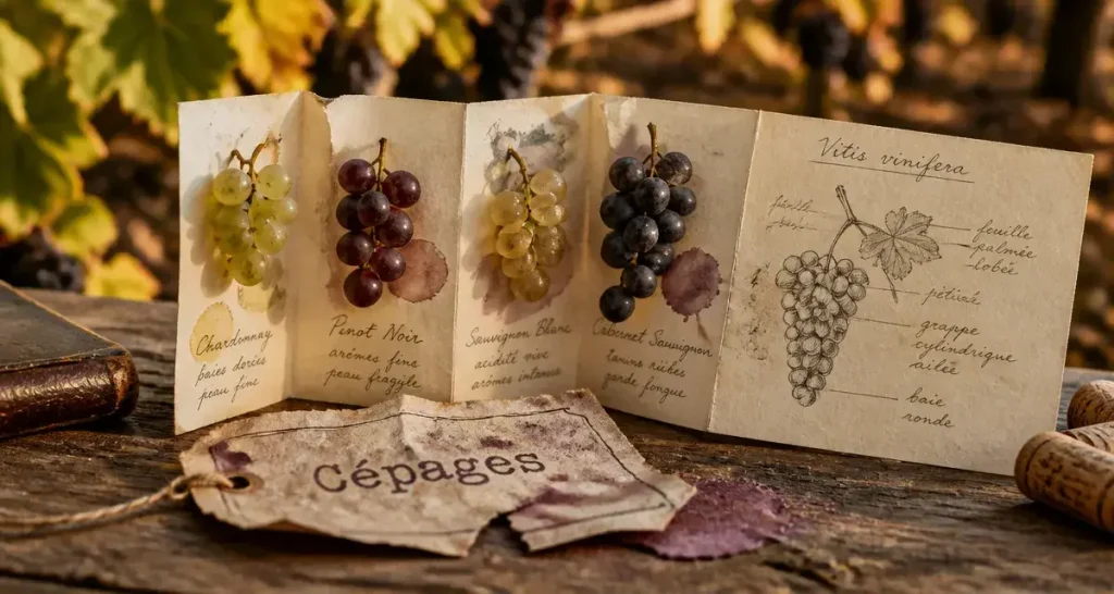 Liste des cépages : grains et schéma de Vitis vinifera