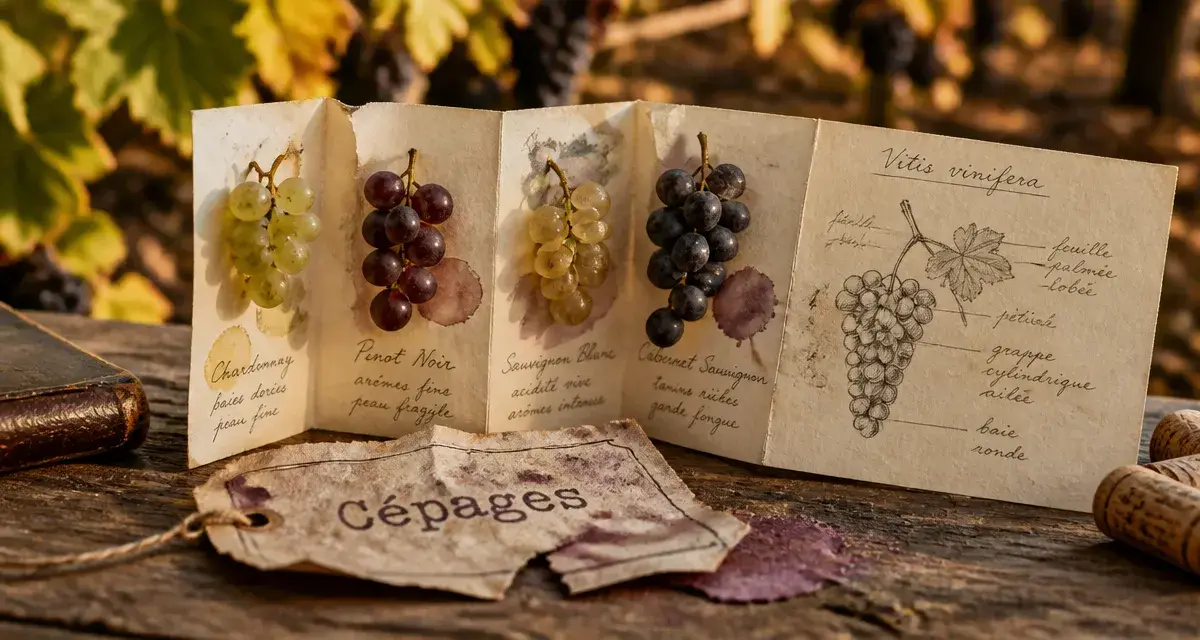 Liste des cépages : grains et schéma de Vitis vinifera