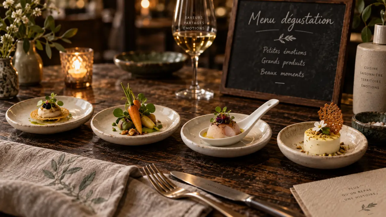 Table de menu dégustation : 4 assiettes, services en cuisine gastronomique