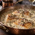 Sauces au vin blanc : sauce crémeuse nappant poisson en poêle cuivre